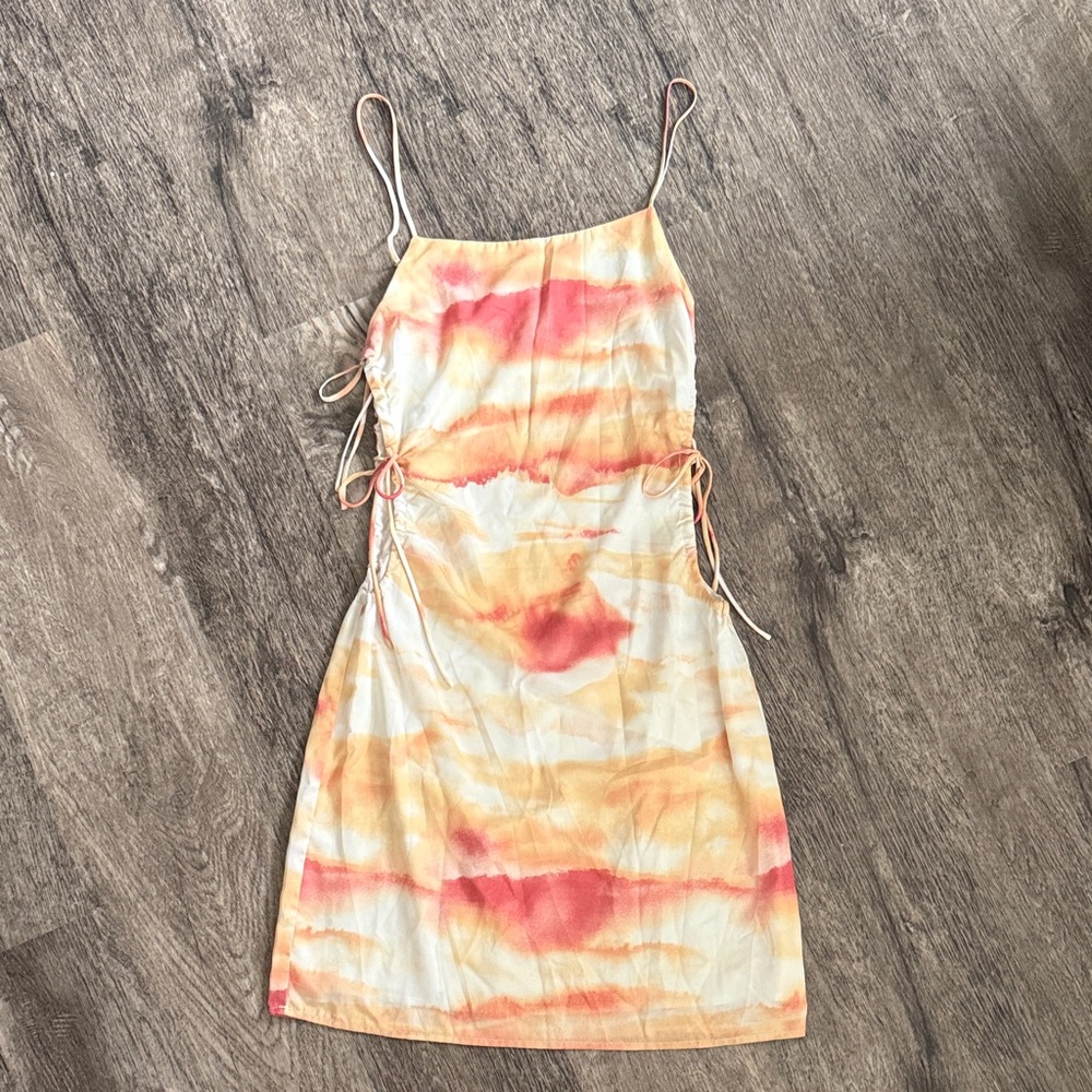 Sleeveless Tie-Side Mini Dress in Coral & Cream